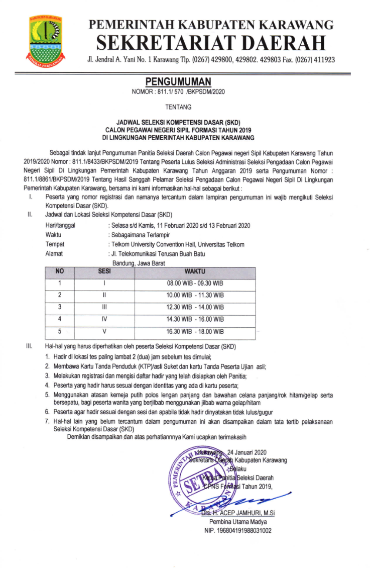 PENGUMUMAN JADWAL SELEKSI KOMPETENSI DASAR (SKD) CALON PEGAWAI NEGERI ...